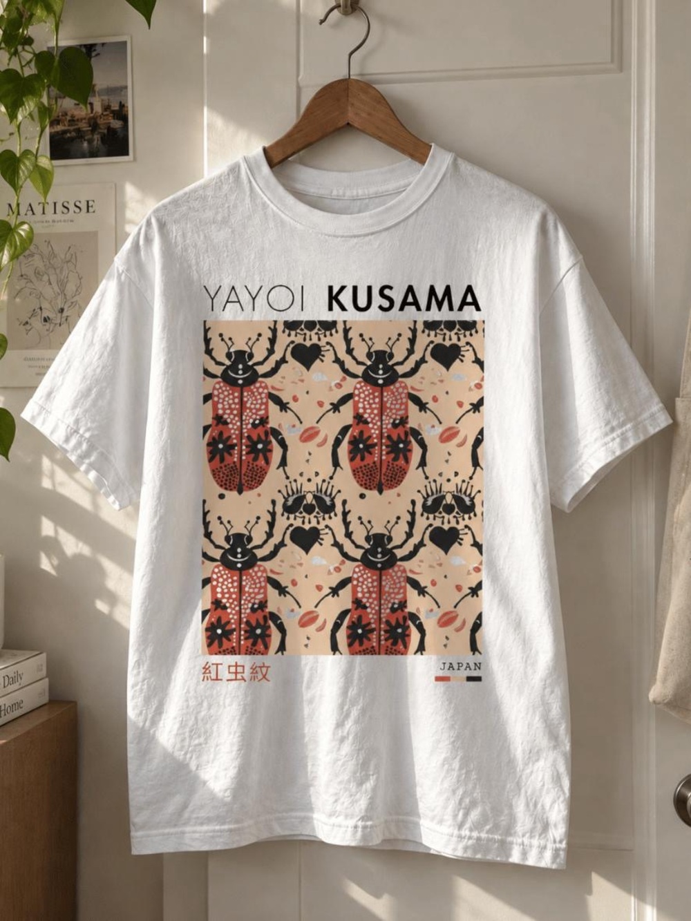 Yayoi Kusama Beetle Art White Graphic Tee, Japanese Pop Art T-Shirt